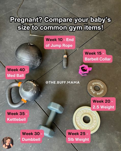 Luckily this is the SIZE and not the WEIGHT 🤣. How big is my baby? This a question you will be asking throughout your pregnancy. I know I did 🤣! So I’ve created a fun visual size guide to compare your baby’s size to common gym items. What week are you in?? Let me know in the comments 💕 #BuffMama #PregnancyWorkouts #PrenatalFitness #FitPregnancy #MomFitness #GymHumor #Pregnancy #BabySize Gym Pregnancy Announcement, Gym Items, Prenatal Workout, Pregnancy Test, Gym Humor, Be My Baby, Pregnancy Workout, Fit Mom, Baby Size