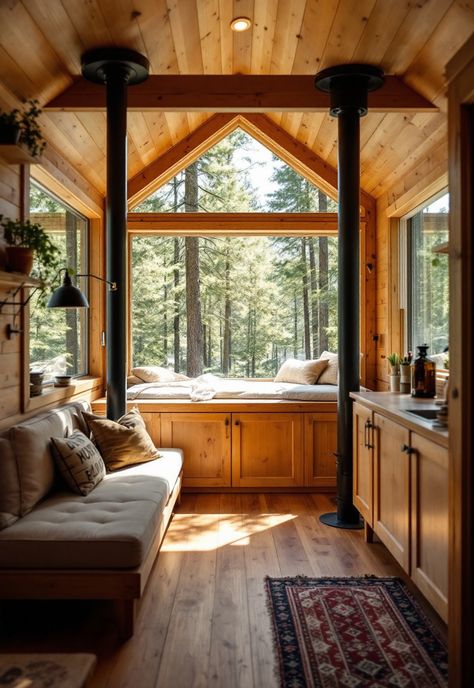 Small Cabin Interior Ideas Small Chalet Interior, Cabin Furniture Ideas, Small Modern Cabin Interior, Little Cabin Interior, Cabin Loft Ideas, Tiny Cabin Ideas, Rustic Tiny House Interior, Rustic Tiny House Cabin, Cabins In The Woods Interior