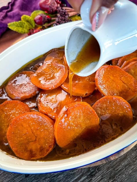 This Easy Southern Candied Sweet Potatoes recipe is homemade from scratch and baked in the oven. From there, you drizzle the dish in a thick caramelized syrup. Your Sunday dinners and soul food holiday events just got much better! Southern Style Sweet Potatoes, Stove Top Candied Sweet Potatoes, Candy Sweet Potatoes, Sweet Potatoes Oven, Southern Candied Sweet Potatoes, Sweet Potato Yams, Potato Recipes Baked, Candied Sweet Potato, Candied Sweet Potato Recipes