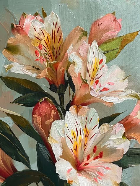 #AcrylicPainting #AlstroemeriaFlowers #RichDetail #HighResolution #VibrantColors Alstroemeria Bouquet, Pink Alstroemeria, Alstroemeria Flower, Beautiful Acrylic Painting, Inspirational Digital Art, Vintage Tree, Realistic Paintings, Delicate Flowers, Cartoon Character Design