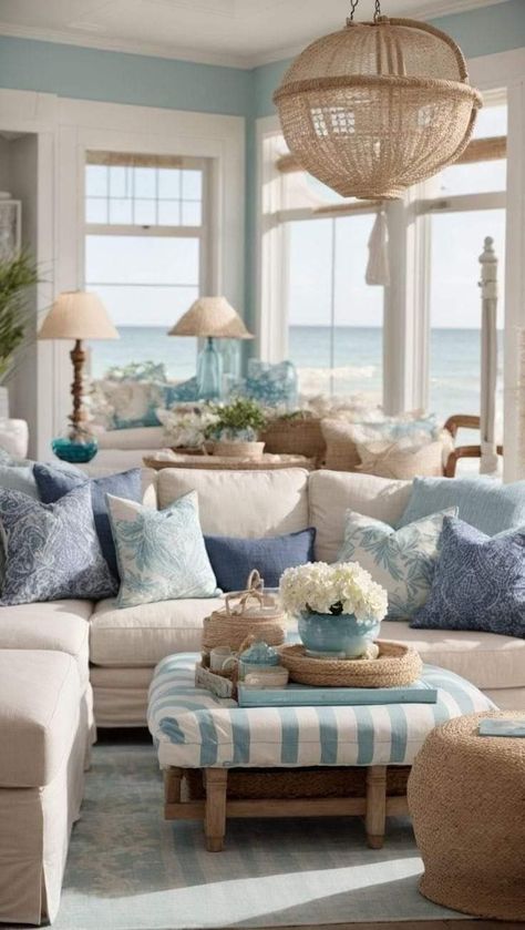 Beach House Decor Living Room, Beachy Living Room, Deco Marine, Beach Theme Living Room, Coastal Decorating Living Room, Beach Living Room, Beach House Living Room, Beach House Interior Design, Coastal Room