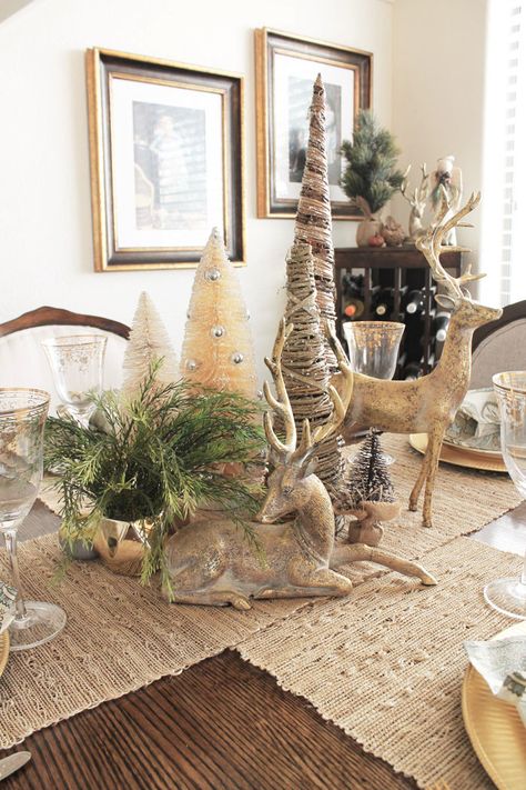 Deer Centerpiece Ideas Christmas, Deer Christmas Decor, Christmas Deer Decorations, Christmas Tree Forest, Cream Color Scheme, Pretty Christmas Trees, Holiday Home Tour, Elegant Christmas Trees, Christmas Themes Decorations