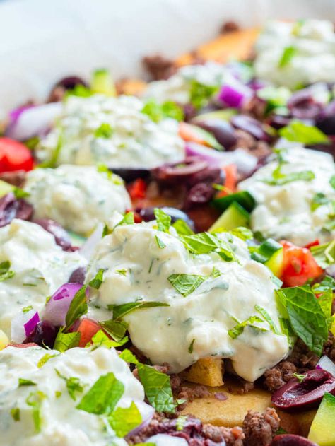 Greek Nachos Recipe, Greek Nachos, Jeff Mauro, Goat Recipes, Nachos Recipe Easy, Vegan Greek, 12 Tomatoes Recipes, Mint Sauce, 12 Tomatoes