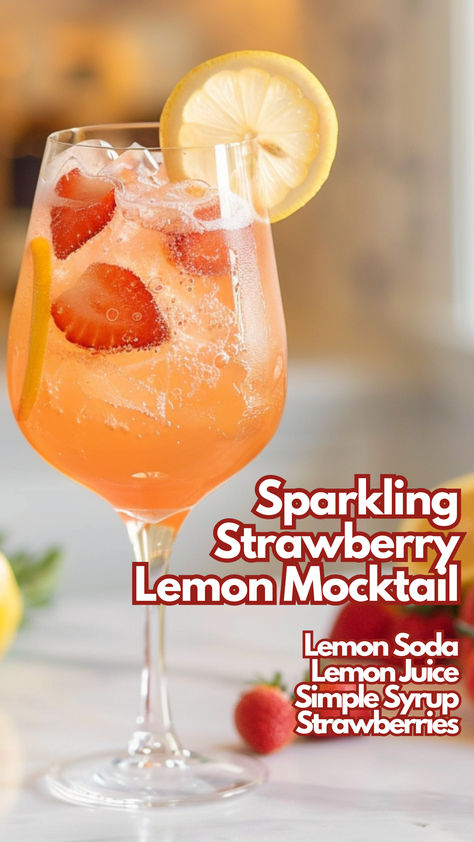 Sparkling Strawberry Lemon Mocktail Sparkling Drinks Non Alcoholic, Wedding Mocktails, Lemonade Mocktail Recipe, Lemon Mocktail, Christmas Mocktail Recipes, Cocktail Cards, Summer Mocktails, Easy Mocktails, Christmas Mocktails