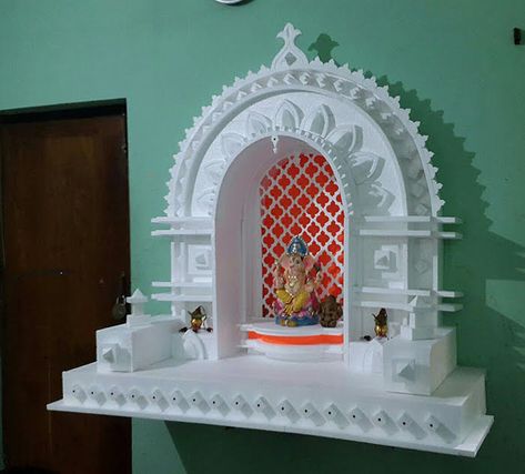 Thermocol Temple Design, Ganpati Decoration Ideas Thermocol, Thermocol Decoration, Thermocol Design, Thermocol Craft, Ganpati Decoration Theme, Ganesh Pooja, Mandir Decoration, Ganesh Chaturthi Decoration