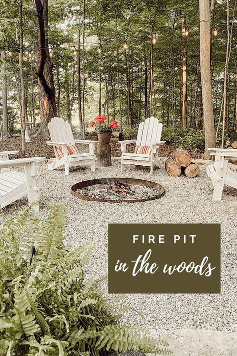 Dirt Fire Pit Area, Fire Pit With Gravel Around It, Fire Pit Ideas Backyard Wooded Area, Pea Gravel Around Fire Pit, Best Rock For Fire Pit Area, Fire Pit With Stones Around, Outdoor Fire Pit With Seating, Rock Around Fire Pit, Pea Stone Fire Pit Area