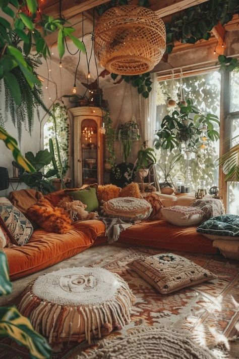 Bohemian House Decor Living Room, Boho Hangout Room Ideas, Boho Sofa Ideas, Boho Loft Ideas, 70s Boho Living Room, Orange Boho Living Room, Boho Hippie Living Room, Hippy Living Room, Boho Cozy Living Room