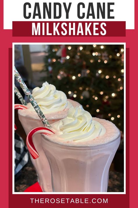 Delicious Candy Cane Milkshakes taste even better than they look! Topped with quick and easy peppermint whipped cream. A perfect Christmas dessert! Peppermint Milkshake, Peppermint Whipped Cream, Candy Cane Dessert, Perfect Christmas Dessert, Easy Holiday Treats, Kid Approved Meals, Christmas Dessert, Peppermint Candy, Ice Cream Sundae