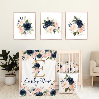 Personalized Baby Blankets Pillows Crib by SweetBloomsDesignCo Floral Girl Nursery, Floral Nursery Bedding, Blush Pink Navy Blue, Girl Nursery Crib, Watercolor Floral Nursery, Pink Floral Nursery, Minky Pillow, Girl Nursery Bedding