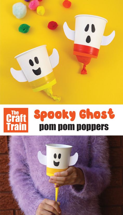 Pom Pom Popper, Halloween Class Party, Ghost Crafts, Halloween Crafts Preschool, Halloween Kindergarten, October Crafts, Halloween Arts And Crafts, Fun Halloween Crafts, Halloween Preschool