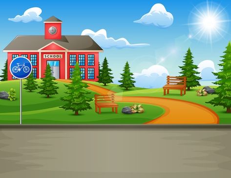 Vector school building with a beautiful ... | Premium Vector #Freepik #vector #cartoon-school #school-illustration #school-building #college-building School Background Landscape, Secenary Drawing, Preschool Classroom Themes, School Background, Background Landscape, Photoshop Backgrounds Backdrops, House Cartoon, School Illustration, School Images