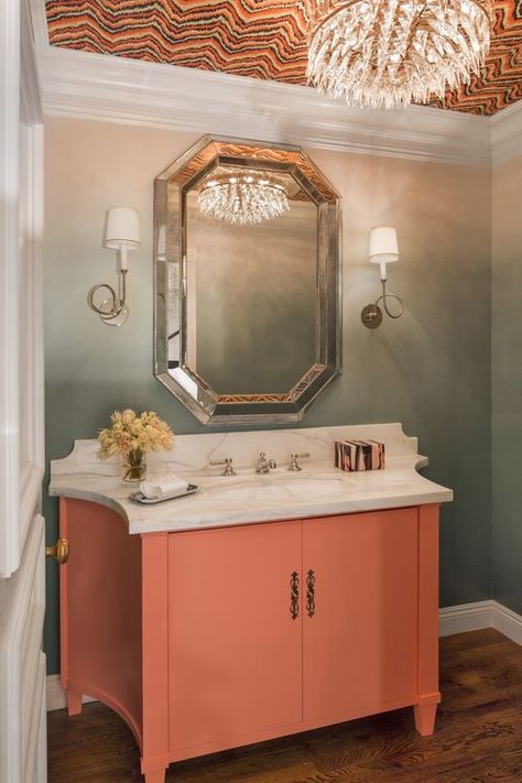 Beverly Hills powder room with  an elegantly shaped vanity in coral. Mancuso Warner Miller, Designer Room With Chandelier, Small Bathroom Trends, Cottage Style Bathrooms, Ombre Wallpaper, Green Vanity, Beach Inspired Decor, Urban Electric, Ombre Wallpapers, Vintage Bathroom