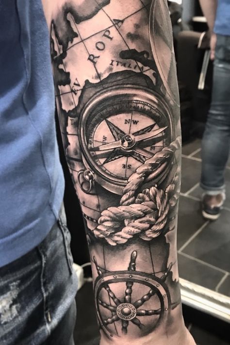 Ship Tattoo Sleeves, Tattoos Arm Mann, Nautical Compass Tattoo, Compass And Map Tattoo, Rope Tattoo, Tatuaje Trash Polka, Compass Tattoo Men, Nautical Tattoo Sleeve, Navy Tattoos