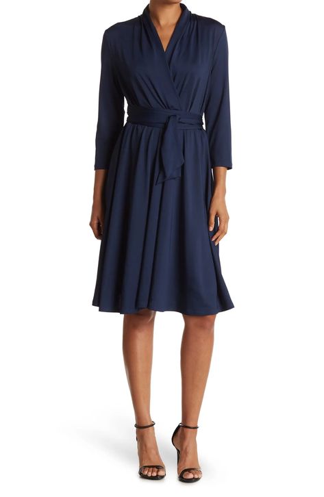 Love By Design Prescott Three-Quarter Sleeve Faux Wrap Dress | Nordstromrack Workplace Fashion, Trendy Business Casual, Simple Fall Outfits, Work Dresses For Women, Dresses Casual Fall, Surplice Dress, Fall Winter Dresses, Navy Blazer, Wear To Work