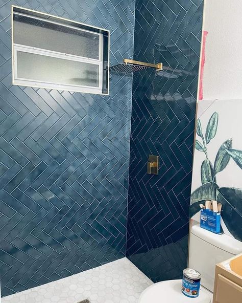 Navy Tile Shower Ideas, Beach Guest Room, Boutique Bathroom, Blue Shower Tile, Colorful Bathroom Tile, House Bathrooms, Shower Bench, Modern Farmhouse Bathroom, Basement Bathroom