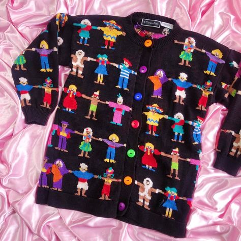 Kidcore Sweater, Artsy Sweaters, Knit Kitsch Sweater Pattern, Retro Multicolor Knit Sweater, Handmade Vintage Multicolor Sweater, Vintage Multicolor Hand-knitted Sweater, Clown Clothes, Dress Up Boxes, Fair Isle Pattern