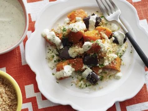 Sunny’s Roasted Eggplant and Butternut Squash with Simple Tzatziki Sauce Tzatziki Sauce Recipe, Roasted Eggplant, Tzatziki Sauce, Sauce Recipe, Butternut Squash, Food Network, Eggplant, Sauce