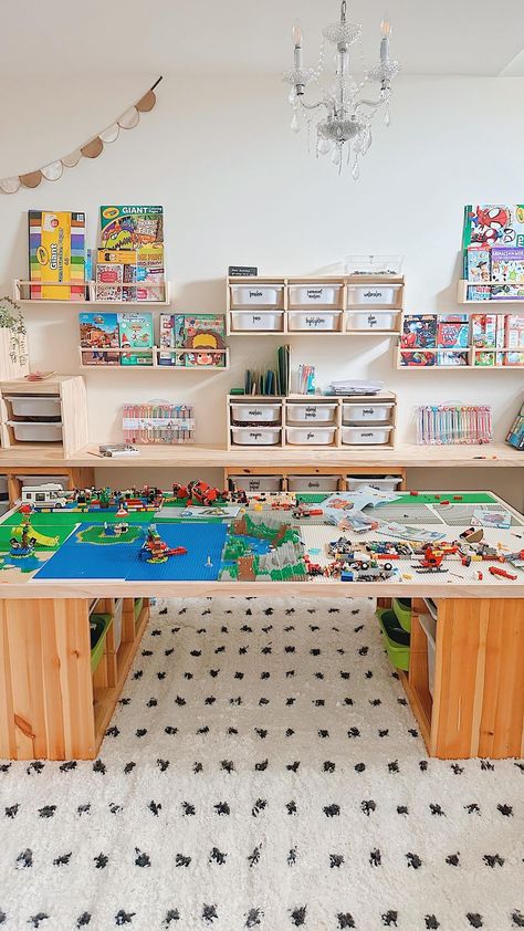 𝕂 𝕒 𝕣 𝕝 𝕖 𝕟 𝕖 Malcolm | To say the boys are a fan of their new Lego/craft room is an understatement! They’ve officially broke it in 🏆 Boy moms | craft room |… | Instagram Kids Play Corner In Living Room Lego, Lego Craft Room, Playmobil Storage Ideas, Lego Playroom Ideas, Boys Lego Room, Lego Playroom, Lego Area, Kids Play Corner, Sunroom Playroom