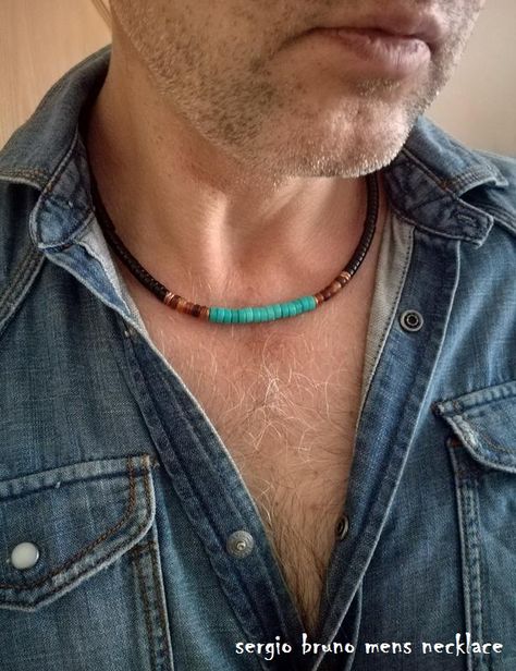 sergio bruno mens necklace Mens Necklace Ideas, Necklace Designs Men, Mens Beaded Necklace, Diy Mens Jewelry, Beads Necklace For Men, Copper Jewelry Diy, Mens Choker Necklace, Homemade Necklaces, Mens Leather Necklace