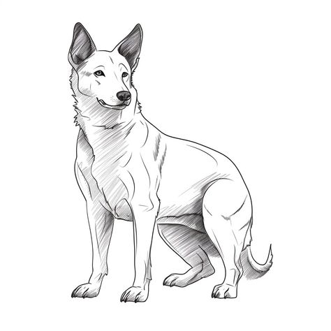 Very simple one realistic dog. Dog is standing in the centre. Iconic style. Black and white. Standing Dog Drawing, White Dog Drawing, Front Facing Dog Drawing, Fluffy White Dog Drawing, Big White Dog, Dog Black And White Drawing, Dog Animation, Alice In Wonderland Drawings, Dog Cartoon