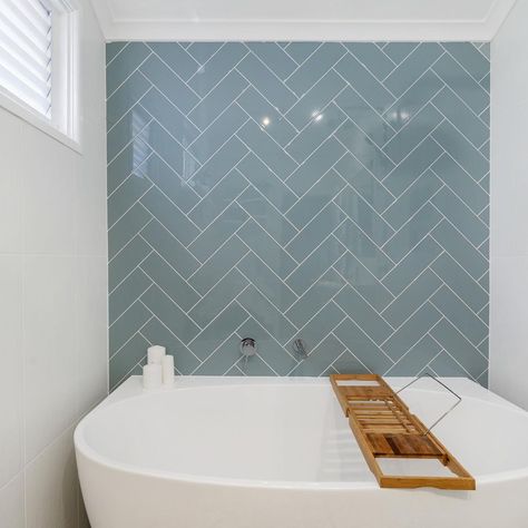 Subway Tile Feature Wall Bathroom, Sky Blue Tiles Bathroom, Shower Room Tiles Ideas, Blue Subway Tile Bathroom, Blue Herringbone Tile Bathroom, Herringbone Bathroom Wall, Bathroom Herringbone Tile, Herringbone Bathroom Tile, Sky Blue Bathroom