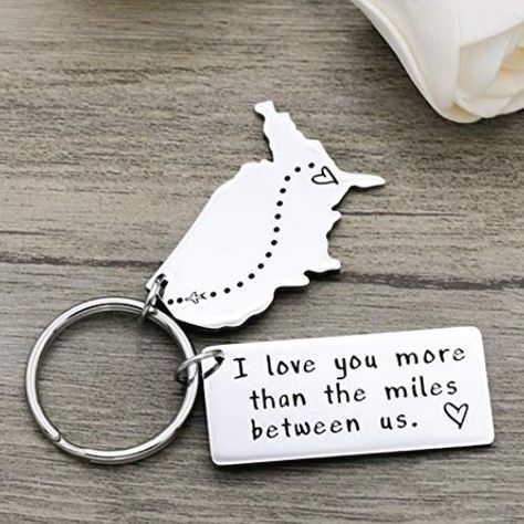 "I love you more than miles between us" LDR Love Quote Keychain. Going away gifts for long distance boyfriend. College Gift Ideas, Ldr Gifts, Unique Gifts For Boyfriend, Traditional Anniversary Gifts, Going Abroad, Gift Ideas For Boyfriend, Romantic Anniversary Gifts, Goodbye Gifts, Bf Gifts