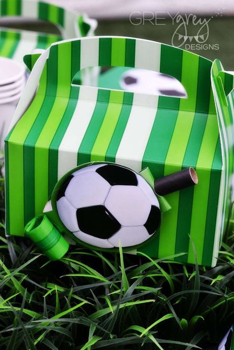 Soccer Party | CatchMyParty.com Soccer Party Ideas, Soccer Birthday Party Ideas, Soccer Party Favors, Soccer Birthday Party, Soccer Birthday Parties, Halloween Treat Boxes, Sports Theme Birthday, Soccer Birthday, Soccer Party