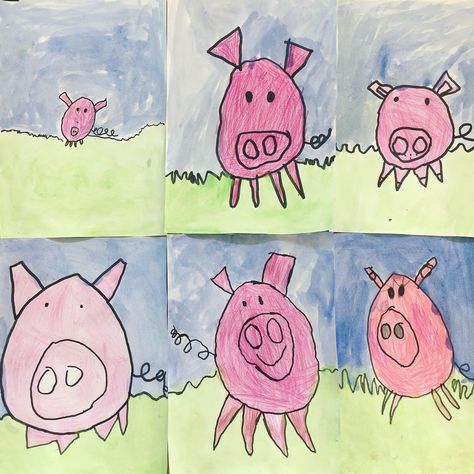 How cute are these pig paintings? My Reception class drew their pigs together as a guided drawing activity. We then coloured them in with normal colouring pencil before painting the grass and sky using watercolours.  #eyfs #ead #art #threelittlepigs #fairytales #pigart Farm Theme Preschool, Kindergarten Art Lessons, Kindergarten Projects, Farm Preschool, Kindergarten Art Projects, Farm School, Farm Activities, Pig Art, Farm Art