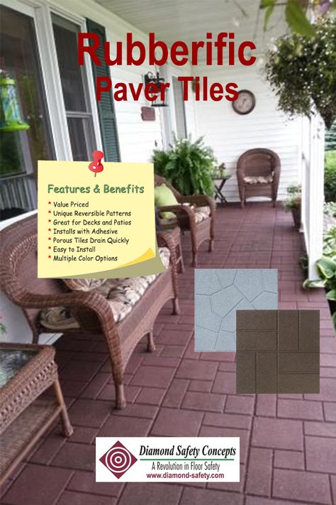 This rubber Paver Tile comes in a unique reversible format. On one side there is a basket weave brick pattern. The other side features a stone-top pattern that mimics flagstone. Made from 100% recycled rubber these tiles take only minutes to install, giving you years of maintenance-free beauty. Our Paver Tiles are designed for outdoor usage. They are suitable for all climate and weather conditions. #Recycled Rubber Pavers #Patio Tile #Rubber Decking #Reversible Rubber Paver Rubber Pavers Ideas Patio, Recycled Rubber Pavers, Outdoor Rubber Tiles, Rubber Pavers, Rubber Paver, Pavers Patio, Climate And Weather, Paver Tiles, Patio Pavers