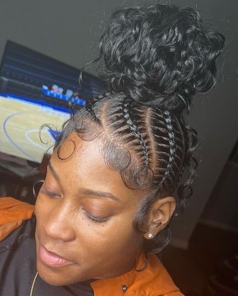 Goddess Cornrows Buns, Feed In Braids Into Low Bun, Stitch Braids Into Bun, Feed In Braids Ponytail, Feed In Ponytail, Braided Hairstyles For Black Women Cornrows, Braiding Styles, Feed In Braids Hairstyles, Goddess Braids Hairstyles