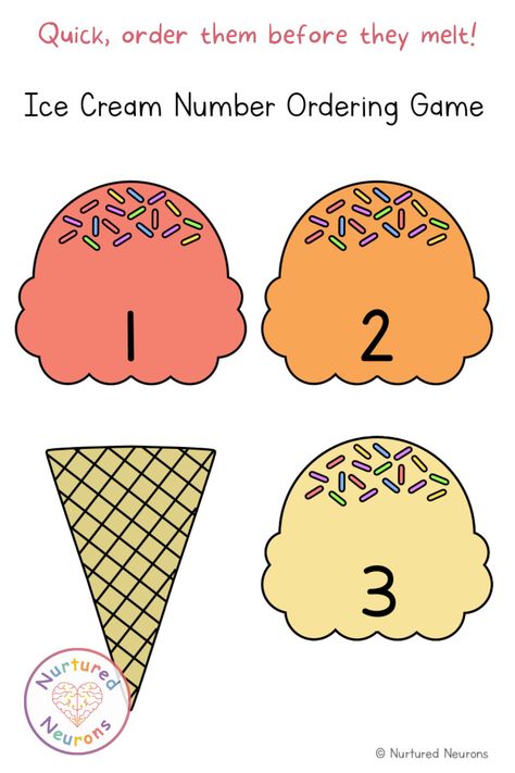 Practice ordering numbers and help develop counting skills with this summer themed math game! Your little learners will need to use their number recognition and ordering skills to correctly sort out those scoops! Grab this summer math game over at Nurtured Neurons! #summerlearning #icecreams #preschoolprintables #kindergartengames #kindergartenmath #math #summermath #numberordering #counting #printablegames Number Ordering, Summer Math Activities, Fun Learning Games, Alphabet Kindergarten, Summer Math, Learning Games For Kids, Kindergarten Games, Numbers Preschool, Math Game