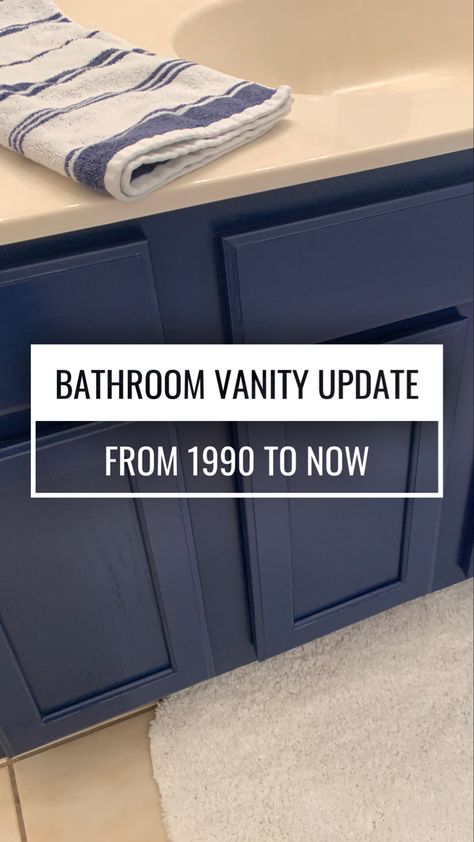 Bathroom vanity with cabinets painted a deep blue color. Painted Oak Bathroom Vanity, 90s Bathroom Vanity Makeover, Replacing Bathroom Vanity, Upgrade Bathroom Vanity, Old Bathroom Vanity Makeover, Updating Bathroom Vanity, Blue Bathroom Cabinets, Bathroom Vanity Cupboards, L Shaped Bathroom Vanity