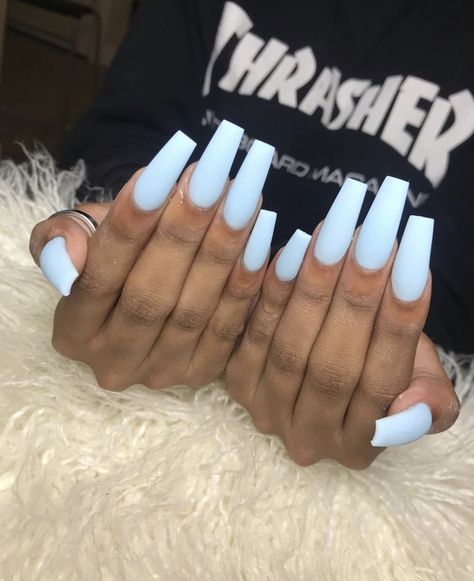 Ice Blue Acrylic Nails Coffin, Creamy Blue Nails, White Nails With Blue Design, Blue Coffin Shaped Nails, Baby Blue Coffin Nails, Powder Blue Nails, Baby Blue Acrylic Nails, Coffin Shaped Nails, Light Colored Nails