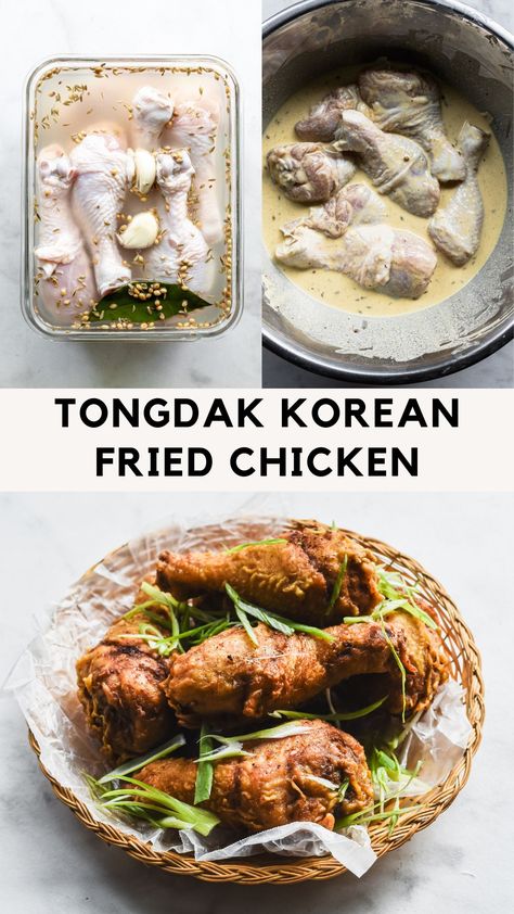 Tongdak Korean Fried Chicken in brine, batter, and deep fried Korean Chicken Breast Recipes, Soy Garlic Korean Fried Chicken, Korean Chicken Recipe, Korean Fried Chicken Recipe, Fried Chicken Drumsticks, Japanese Fried Chicken, Korean Chicken, Fusion Dishes, Korean Fried Chicken