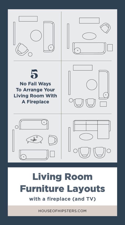 How to arrange a room with a fireplace (and TV on the opposite wall) with 5 furniture placement layouts! Couch Tv Placement, Living Room Furniture Arrangement Ideas With Fireplace And Tv, Living Room Seating Ideas Layout, How To Arrange Living Room Furniture, Couch In Front Of Fireplace, Tv Next To Fireplace Layout, Small Living Room Decor Cozy, Cottagecore Apartment, Cabinet Curtains