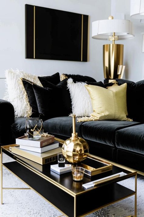 Elevate your living room with the timeless elegance of black, white and gold. Explore stunning design ideas featuring sleek furniture, dramatic accents, and luxurious textures. From modern to traditional, find inspiration for a chic and sophisticated space. Black White And Gold Living Room, Black White Gold Living Room, Black White And Gold Christmas, Hall Room Design, Black Gold Decor, Black And Gold Living Room, Black And White Living Room Decor, Silver Living Room, Living Room Transformation