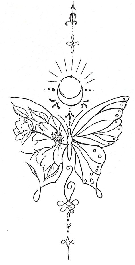 Butterfly Planet Tattoo, Butterfly Tattoo Spine Tat, Butterfly Crescent Moon Tattoo, Half Flower Half Butterfly Drawing, Planet Flower Tattoo, Crystal Butterfly Drawing, Butterfly Space Tattoo, Cosmic Butterfly Tattoo, Sun Moon Butterfly Tattoo