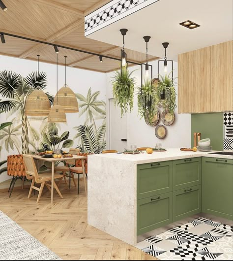 Tropical Kitchen, Boho Styl, Tropical Home Decor, Boho Kitchen, Home Decor Living Room, Kitchen Wallpaper, Home Decorating Ideas, Decor Minimalist, Green Kitchen