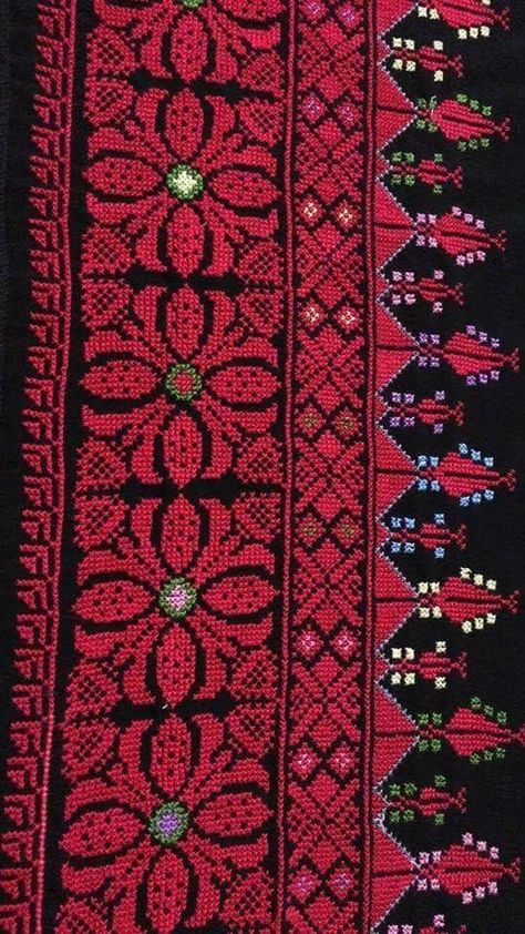 Yemen Pattern, Jordanian Embroidery Pattern, Tatreez Pattern Design, Red Folk Style Embroidered Fabric With Traditional Patterns, Cross Stitch Floss, Fabric Print Design, Bead Embroidery Tutorial, Crochet Faces, Red Folk-style Embroidered Fabric With Motifs