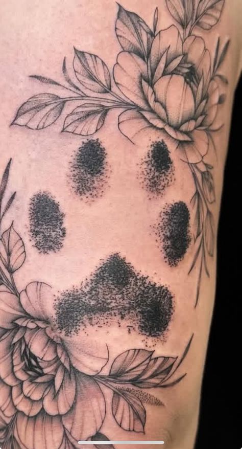 Paw Print And Floral Tattoo, Dog Paw Tattoos For Women With Flowers, Dog Paw Print Flower Tattoo, Paw Print Tattoo With Flowers, Floral Paw Print Tattoo, Paw Print With Flowers Tattoo, Tattoo Memorial, Dog Paw Tattoo, Paw Tattoo