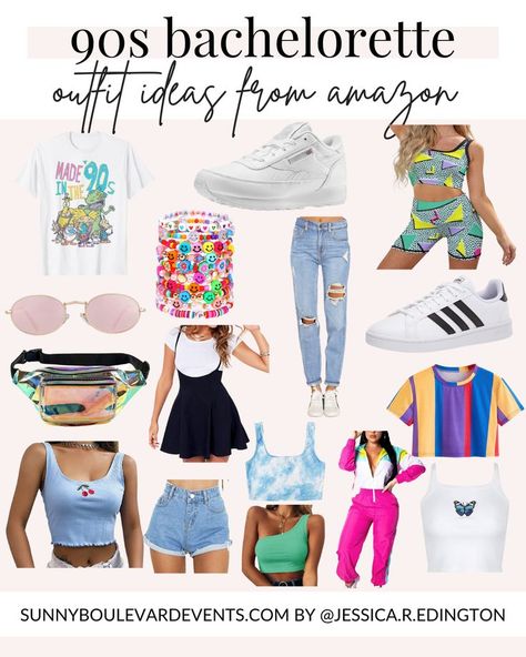 Planning a Bach to the 90s bachelorette party? I pulled together the best ideas for 90s bachelorette outfits for a 1990s throwback party. Featuring all the retro and nostalgic vibes, you can have a unique and fun 90s theme party with these Amazon finds! This pin includes 90s Party Outfit Ideas from AMAZON for a 30th birthday or 1990s throwback bachelorette party! Whether you are looking for a 90s windbreaker, 90s fashion ideas, colorful retro outfits, this pin is for you! 90s Bachelorette Party Outfit, 90s Theme Party Outfit Women, 90 Theme Party Outfit, 90s Fashion Outfits 1990s Party, Bachelorette Party Outfit Ideas, 90s Bachelorette Party, Outfit Ideas From Amazon, 90s Bachelorette, 90s Outfits Party