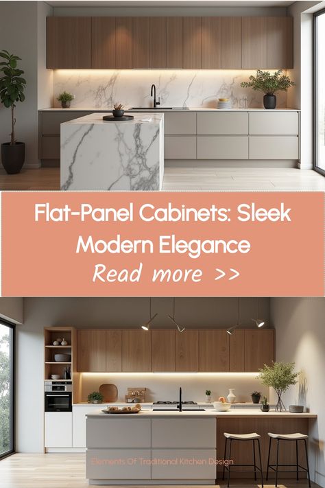 Modern kitchen with sleek flat-panel cabinets in a sophisticated neutral palette Flat Panel Kitchen Cabinets, Traditional Kitchen Design, Flat Panel Cabinets, Timeless Kitchen, Butler Pantry, Design Board, Traditional Kitchen, Board Design, Modern Elegance