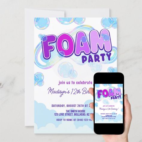 Iridescent Purple Foam Party Birthday Invitation Foam Party, Iridescent Purple, Party Birthday, Sign Poster, Birthday Invitations, Note Pad, Thank You Cards, Business Cards, Wedding Invitations