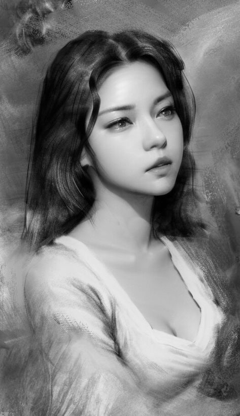 ArtStation - portrait, fesh Gray Scale Drawing Digital, Semi Realistic Digital Art, Grayscale Portrait, Realistic Face Drawing, Girl Animation, Grayscale Art, Asian Faces, Portrait Tutorial, Semi Realistic