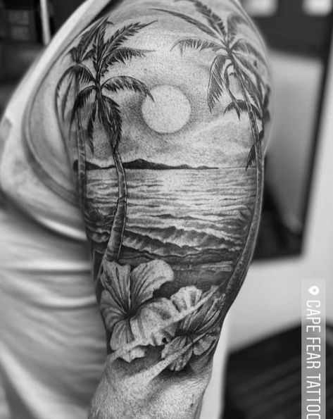 Ocean Beach Tattoo Ideas, Beach Shoulder Tattoo, Tropical Tattoo For Men, Beach Scene Tattoo, Family Tattoos Ideas, Beach Theme Tattoos, Hibiscus Tattoos, Moto Tattoo, Upper Half Sleeve Tattoos