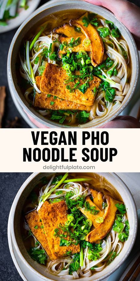 a bowl of Vietnamese vegan pho noodle soup. Pho Soup Recipe Vegetarian, Vegan Pho Soup, Vegan Pho Recipe, Pho Soup Recipe, Vegetarian Pho, Vegan Stuffed Shells, Pho Noodle Soup, Vegan Pho, Pho Soup