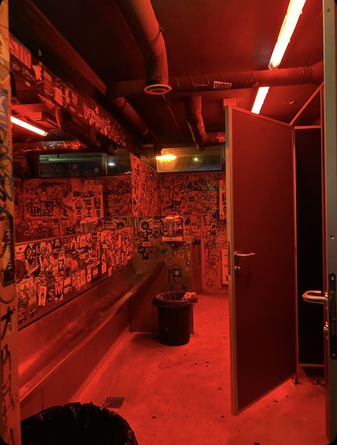 #aesthetic #redbathroom Red Light Bathroom, Nightclub Bathroom Aesthetic, Punk Bathroom Aesthetic, Bar Bathroom Aesthetic, Grunge Bathroom Aesthetic, Red Punk Aesthetic, Party Bathroom Aesthetic, Club Bathroom Aesthetic, Red Bathroom Aesthetic