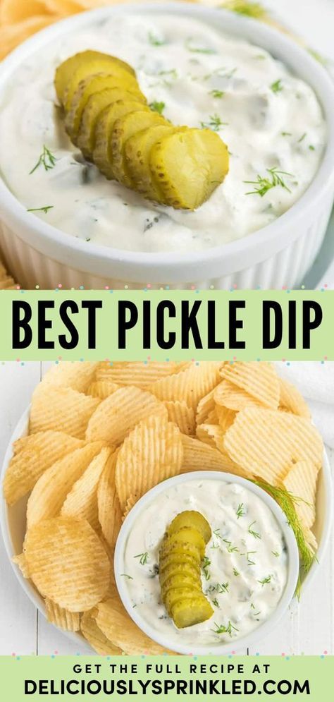 Look no further than the BEST Pickle Dip! It's the perfect party food. Packed with dill pickles, this cold dip has a unique flavor everyone will love! Save this easy appetizer recipe! Baked Dip Recipes, 4th Of July Appetizers, Pickle Dip Recipe, July Appetizers, Boat Snacks, Cold Dip, Easy Pickle, Pickle Dip, Best Pickles