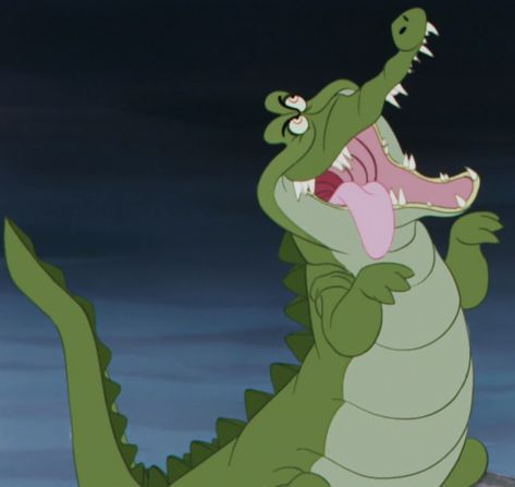 Tick-Tock the Crocodile (better known as just the Crocodile) is a supporting character in Disney's 1953 animated feature, Peter Pan. He is a croc of monstrous proportions that dwells on the isle of Neverland. After swallowing the hand of Captain Hook (who lost it while battling Peter Pan), Tick-Tock has been in pursuit of the villainous captain in hopes of devouring the rest of him. However, the crocodile also swallowed an alarm clock at some point, and its constant ticking acts as something... Peter Pan Crocodile, Peter Pan 1953, Peter Pans, Disney Sleeve, Disney Wiki, Disney Images, Disney Animals, Old Disney, Pinturas Disney