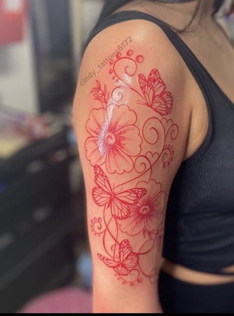 Red Ink Flower Tattoo Arm, Red Half Sleeve Tattoos For Women, Red Female Tattoo, Red Stomach Tattoos Women, Black And Red Tattoo Sleeve For Women, Red Thigh Tattoos Black Women, Red Ink Shoulder Tattoo, Red Flowers Tattoo Arm, Pretty Shoulder Tattoos